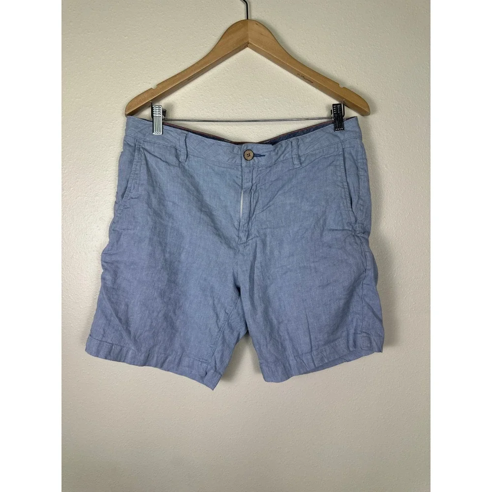 FAHERTY Men 33 Preppy Minimalist Lightweight Blue Linen Cotton Blend Shorts